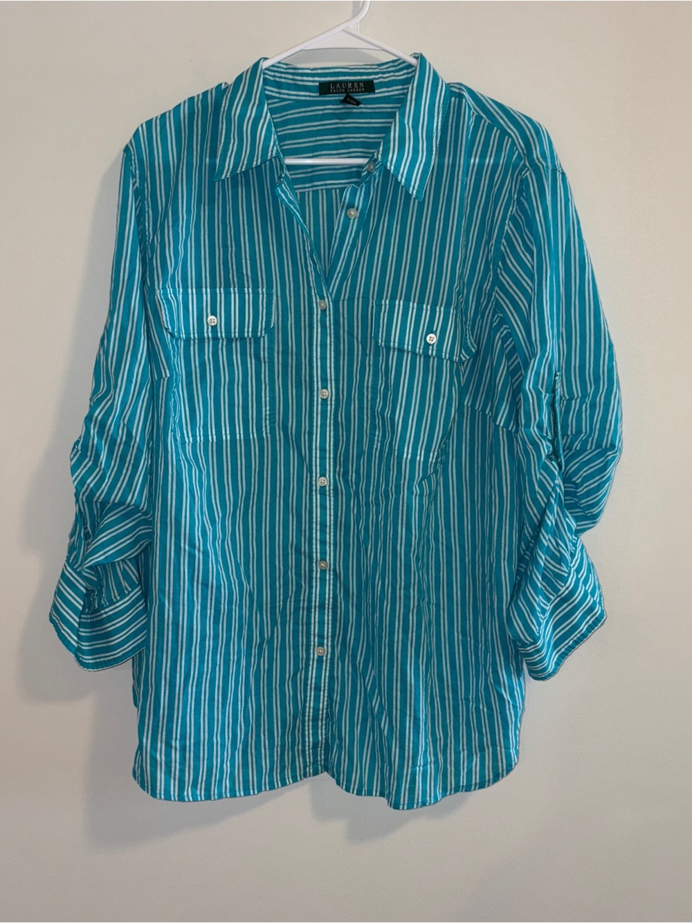Women’s Polo by Ralph Lauren Teal & White Striped Cotton Button-DownSize: 2X